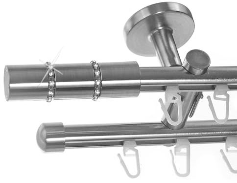 BASIT Innenlauf Gardinenstange 2 läufig Deckenmontage 320 cm lang Edelstahl Look I Vorhangstange mit Schiene 2läufig Ø16mm I 120-600 cm wählbar D80