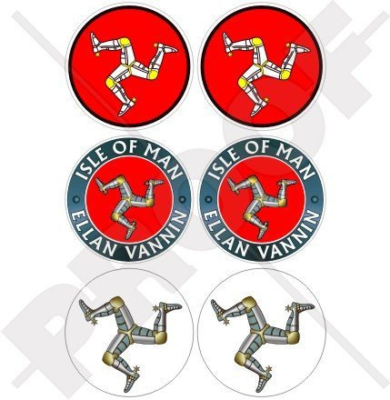 Isle of Man VANNIN (Schiff), TT Races, triskellion Manx UK 5,1 cm (50 mm) Vinyl bike-helmet Sticker, Aufkleber X6