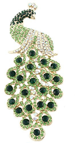 EVER FAITH Cristal Autrichien Élégant Animal Paon Plume Pendentif Broche Vert Ton d'or