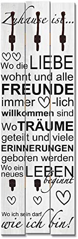 ARTLAND Wandgarderobe Garderobenpaneel Holz mit 5 Haken 45x140 cm Design Garderobe mit Motiv Spruch Liebe Familie Zuhause Grau T9IR