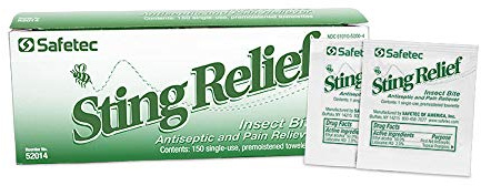 Safetec Sting Relief Insect Bite Antiseptic & Pain Reliever, Wipes, 150 per Box