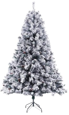 EVRE 8FT White Snow Flocked Artificial Christmas Tree 1500 Tips Xmas Pine Red Berries Metal Stand Fir Spruce Green Large 240cm Hinged Branches Realistic Easy Assembly Indoor Holiday Decorations
