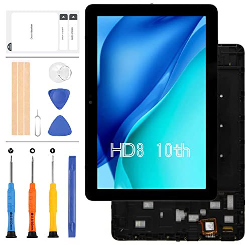 LADYSON Para Amazon Kindle Fire HD8 HD 8 10ª generación 2020 K72LL4 pantalla LCD táctil digitalizador lente frontal panel de cristal kits de reemplazo con herramientas gratis (negro con marco)