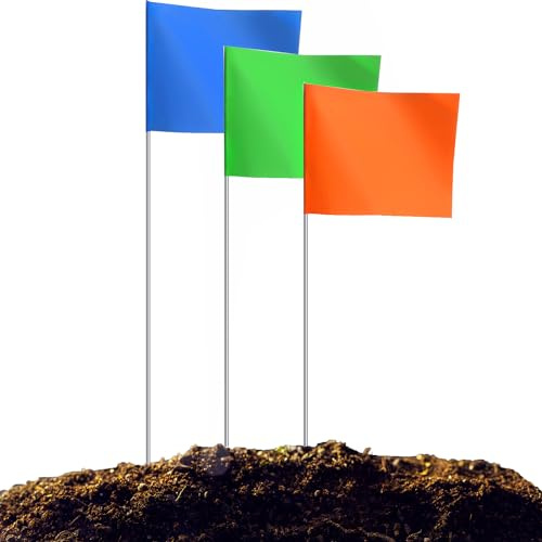 Zozen Markierungsfahnen, Orange, Grün und Blau, Markierungsflaggen für Rasen, 38,1 x 10,2 x 12,7 cm, Querformat, Bewässerungsflaggen, Rasenflaggen, Hofmarkierer, passend für Entfernungsmessrad, 100