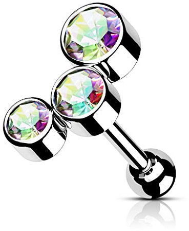 beyoutifulthings 1 Knorpel Ohr-Stecker Kristall-Trio rund Silber Regenbogen Cartilage Labret Piercing-s Tragus Labret Edelstahl Schraub-Verschluss