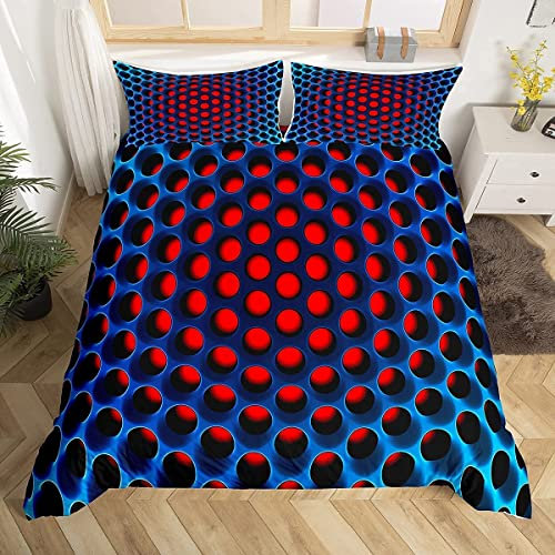 Loussiesd Honeycomb Geometric Duvet Cover Stereoscopic Dense Hole Boys Kids Bedding Set Blue Red Circle Comforter Cover Microfiber Three-Dimensional Honeycomb Decor with A Sense of 3D Print Double