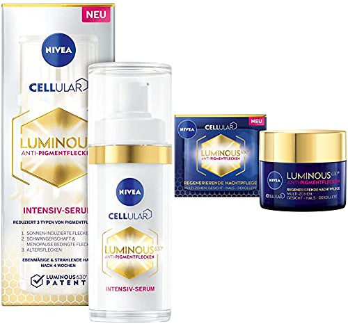 NIVEA Cellular Luminous 630 Anti-Pigmentflecken Intensiv-Serum, 30ml, aufhellendes Serum für einen ebenmäßigen und strahlenden Teint + Cellular Luminous 630 Anti Pigmentflecken Regenerierende Nacht 5