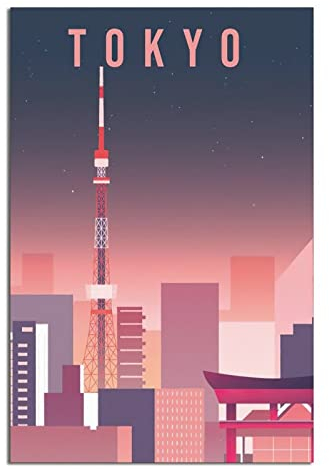 Vintage Japan City Travel Poster Tokyo Tower Night View Wall Decor Painting Poster Modern Office Decorative Poster Canvas Art Poster Picture