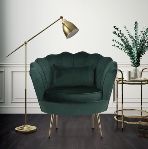 Scalloped Velvet Shell Chair with Gold Feet - Cosy Small Armchair, Occasional Chair for Bedroom, Accent Chairs for Living Room, Arm Chairs for Living Room - Bottle Green DAISY