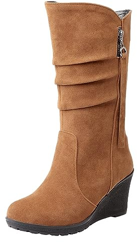 rismart Stivali Western Donna Polpaccio Medio Tacco a Zeppa Foderato con pelliccia sottile Camoscio Scarpe Invernali