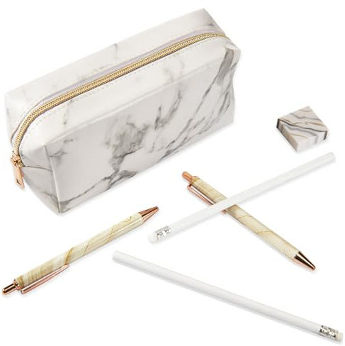 Tenare 6 Pcs Marble Pencil Case Set, White Zippered Pencil Case Pouch School Stationery Bag Including Ballpoint Pen Eraser Cosmetic Makeup Brush Storage Bag for Girls Women Teenagers
