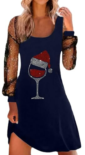 Weihnachtskleid Damen Lang Weihnachtskleid Damen Weihnachten Rot Weinglas Druck Minikleid Sexy Mesh Partykleid Lose Rundhals Kurzarm Kleider Herbst Winter Christmas Festkleid Weihnachtskleidung Damen