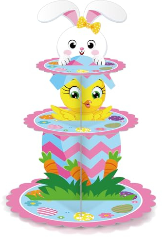 Zopeal Cupcake-Ständer mit 3 Etagen, Party-Dekorationen, Osterhasen-Cupcake-Halter, bunte Eier, Kuchenhalter, Oster-Thema, Dessertständer für Ostern, Party, Geburtstag, Babyparty, Dekorationen
