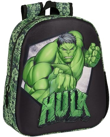 Safta HULK Schulrucksack mit 3D-Design, anpassbar an Kinderwagen, ideal für Kinder verschiedener Altersgruppen, bequem und vielseitig, Qualität und Widerstandsfähigkeit, 27 x 10 x 33 cm, Schwarz/Grün,