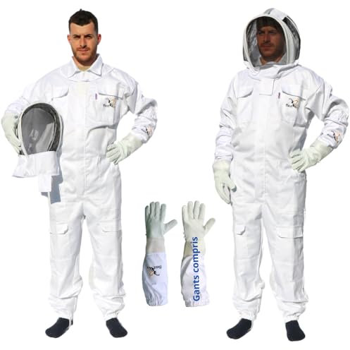 Best Bee Imkeranzug aus dickem Stoff und hochwertiger Baumwolle, mit robustem Reißverschluss, Lederhandschuhen, abnehmbarer Kapuze, Werkzeugtaschen, Bienenzucht-Outfit, XXL