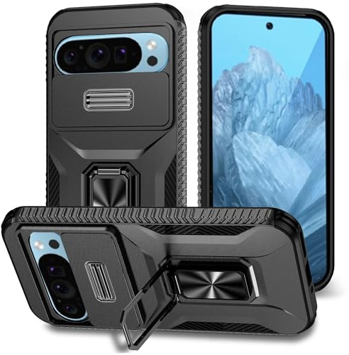 Wigento Für Google Pixel 9 Sliding Kamera Schutz TPU/PC Schutzhülle mit Ring Halterung Tasche Hülle Etuis Schwarz
