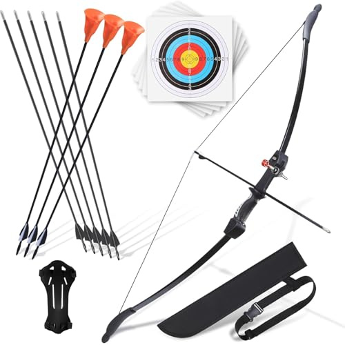 CrazyMouse Bow and Arrow for Teens Beginners Adults Recurve Bow Set 8 Arrows 5 Target Face Archery Longbow Kit Backyard Games Gift for Outdoor Sports (Black Archery Bow Set)