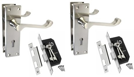 Victorian Scroll Lock Handles & 3 Lever Sash Lock, Satin Nickel Door Handles, Back Plate, 150 x 42mm, Door Handles Multipack, Door Handles (2 Pair of Lock Handles + 3 Lever MOTICE SASH Lock)