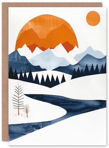 Artery8 Greeting Card Abstract Geometric Orange Blue Winter Landscape Blank For Him Or Her Art Birthday Card