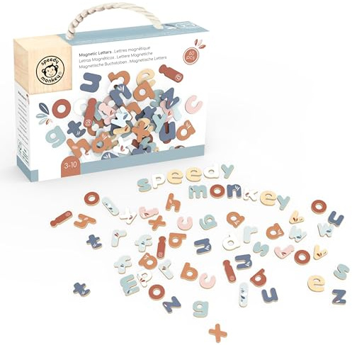 Speedy Monkey 60 Magnetic Letters - Educational Alphabet Toys Wooden Toys | Montessori Toys for Ages 3+ | Safe, Durable & Easy to Clean | Sustainable Wood, Non-Toxic Paint