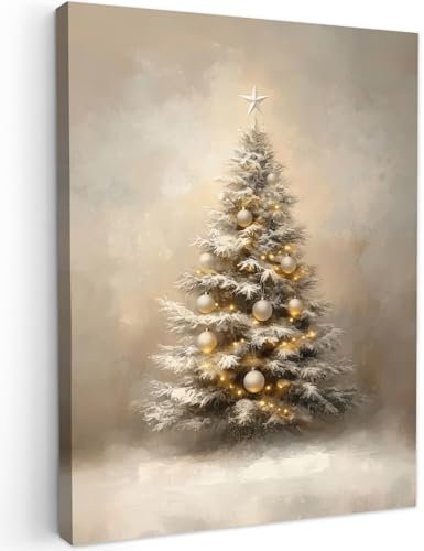 MuchoWow© Weihnachtsdeko Wandbilder 50x70 cm Deko Wohnung Bild Wohnzimmer Weihnachtsgeschenke Fotoleinwand Wand Bilder Leinwand Wall Decor Geschenk Weihnachten - Weihnachtsbaum - Schnee - Beige