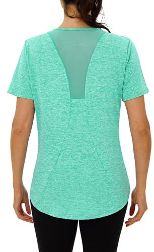 Terecey Sport Tshirt Damen Fitness Funktionsshirt Kurzarm Sportshirt Laufshirt Locker Atmungsaktiv Wandershirt mit Back Mesh Sport Oberteile fur Yoga Zumba, Grün XL