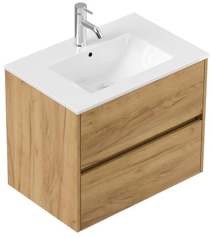 Lomadox Badezimmer Waschtisch 70 cm in Eiche, Keramik-Waschbecken, 2 Schubladen, wandhängend