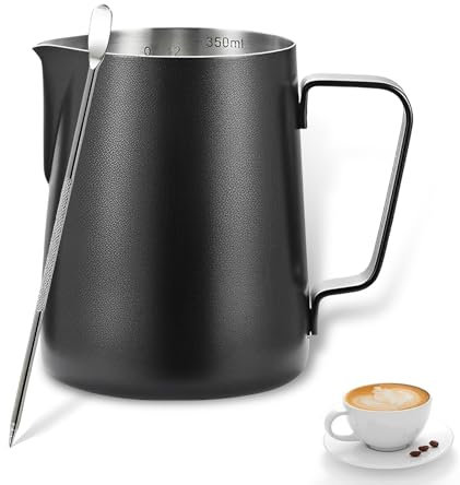 Milk Frothing Jug,Tianher Milk Jug Cup Stainless Steel Frothing Pitcher 350ml with Measurement and Latte Decorating Art Pen for Barista Making Coffee Cappuccino (Black)