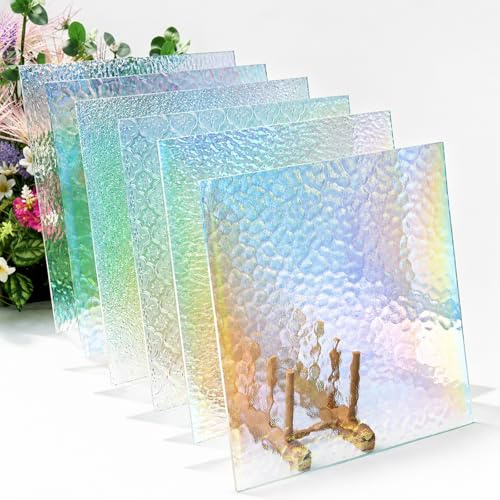 CHICSHIS 12x12 Iridescent Transparent Stained Glass Sheets, 6 Pack of Textured Cathedral Art Glass, Clear Glass Panels for Mosaic Art