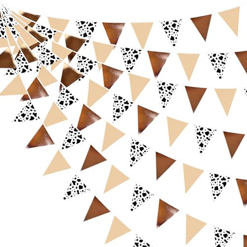 32Ft Marron Wild West Fanion Guirlande Bannière Décoration de Fête Imprimé Vache laitière Tissu Triangle Drapeau Banderole pour Derby Ferme Western Cowboys Anniversaire Bapteme Mariage Decor Suspendue