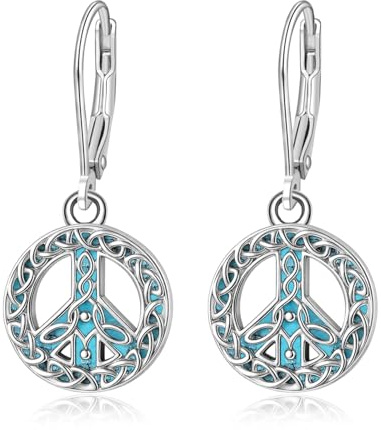 Ohrhänger mit Friedenssymbol aus 925er Sterlingsilber für Damen, keltischer Knoten, türkisfarbenes Emaille Friedenssymbol, Ohrhänger mit Klappverschluss, Schmuckgeschenk für sie