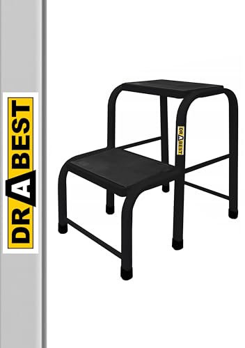 Drabest - Tritthocker - Podest Schwarz - rutschfeste Füße, Robustes Stahl, Große und Bequeme Arbeitsplattform - Tragfähigkeit bis zu 150 Kilogramm - Trittleiter, Trittstufe, Schemel - 2 Stufen