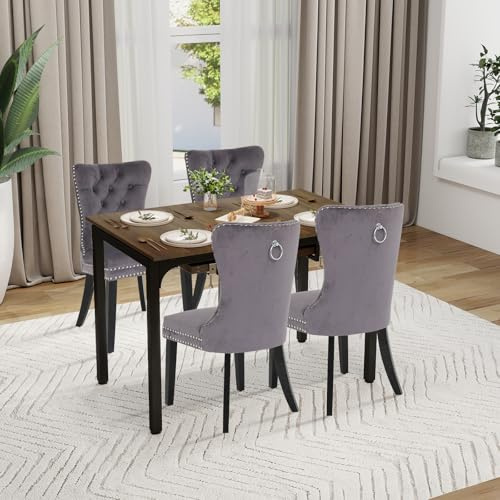 ARTETHYS Esstisch mit 4 Stühlen Essgruppen, Rechteckig Ausziehtisch Holz | mit 4 Samt Esszimmerstühle mit Hohe Rückenlehne, Küchentisch mit Stühle Set für Küche Esszimmer Wohnzimmer, Grau