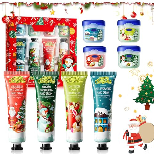 Weihnachten Handcreme Set, 4 Pack Handcreme Mini+4 Pack Lip Balm,Trockene Rissige Hände Fuß Feuchtigkeitscreme für den Winter, ParfümierteHandcreme