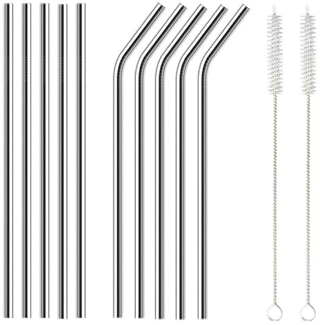 Vmoomax Metal Straws, 10PCS 150mm Stainless Steel Drinking Straws,304 Reusable Stainless Steel Drinking Straw for Coffee Cocktail, Milkshake, Cold/Hot Drinks (5 Straight + 5 Bent + 2 Cleaners+1 Bag)