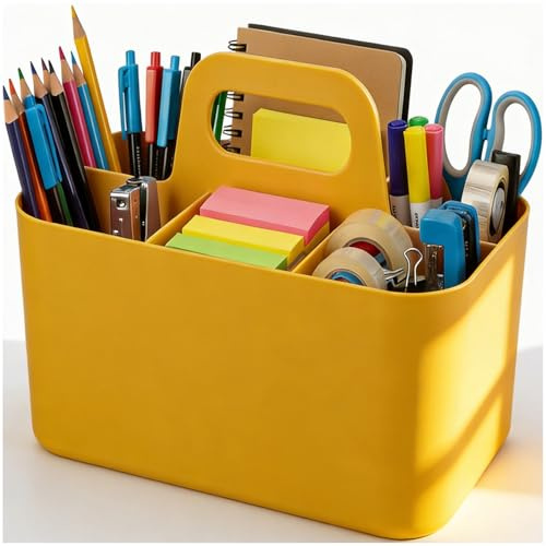 OFFASST Stapelbarer Aufbewahrungskorb mit Griff (Gelb 24.5x15.5x17.5 cm) | Organizer für Putzmittel mit 5 Fächern, Küche, Bad, Schminktisch & Bastelzubehör, Ablagefächer für Makeup, Nähutensilien