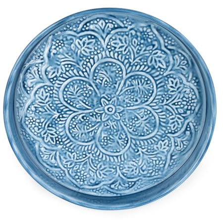 Home Deco London Embossed Enamel Tray, Round, Metal, 32cm (Blue 32.5cm Tray)