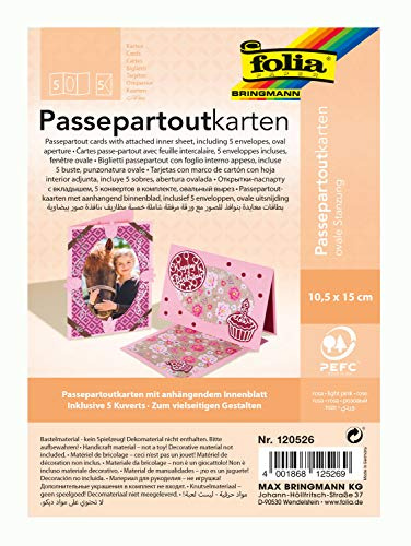 folia 120526 - Passepartouts mit ovaler Stanzung, ca. 10,5 x 15 cm, 5 Karten (220 g/qm) und Kuverts, rosa - ideal für Einladungen, Glückwunsch- oder Grußkarten