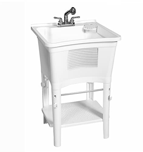 Zenna Home Utility Sink Laundry Tub with Pull-Out Faucet, All-in-One Freestanding Utility Tub for Laundry Room, Basement, Garage, Outdoor Kitchen, 24 L x 24 W x 36.75 H, White