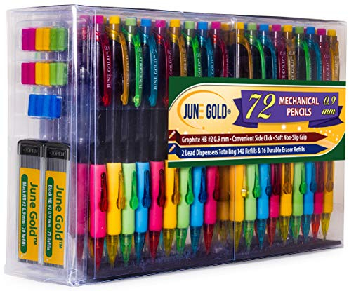 June Gold 72 Druckbleistifte, 0,9 mm HB # 2 Blei, 2 Bleispender/w 160 Refills & 16 Refill-Radierer, bruchsicher, bequeme Seitenklicks und weicher, rutschfester Griff