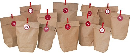 HEKU Adventskalender-Set bestehend aus 24 Adventstüten in drei Größen, 24 Zahlenstickern und 24 Deko-Klammern, 4.5 x 34 x 22 cm