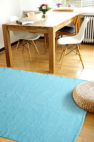 floor factory Moderner Baumwoll Teppich Living türkis/blau 140x200cm - waschbarer Webteppich aus 100% Baumwolle