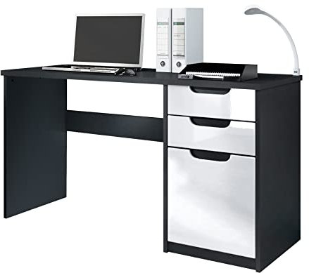 Vladon Schreibtisch Logan, Made in Germany, Bürotisch mit 2 Schubladen und 1 Tür, Schwarz matt/Weiß Hochglanz (129 x 76 x 60 cm)