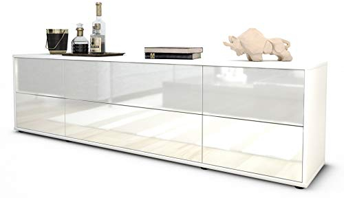 Stil.Zeit TV Schrank Lowboard Assunta, Korpus Weiss matt, Front Hochglanz-Design Weiß (180x49x35cm), mit Push-to-Open Technik & Leichtlaufschienen