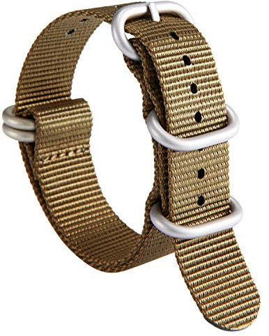 BINLUN Uhrenarmband Nylon Dickes G10 Premium Ballistic Ersatz Armband Mehrfarbige Bänder für Herren Damen mit Heavy Duty 5 Ringe(24mm, Khaki Band Silber Schnalle)