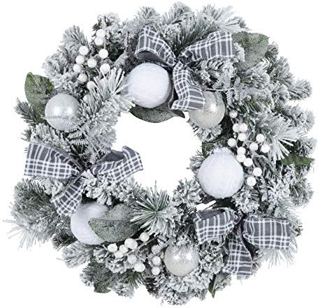 Christmas Wreath Artificial Snow Covered Silver Pine Grey Tartan Bows 60cm