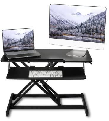 ERGOMAKER Height Adjustable Standing Desk Converter - 81cm (32 Inch) Wide Platform Tabletop Workstation - Quick Sit to Stand Desk Riser for Dual Monitors Black