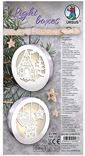 Ursus 21490003 - Light Boxes ca. Ø 11 cm Gingerbread, 2 Laternendeckel und -böden, 2 Laser Cuts, 2 Kreise aus Transparentpapier 115 g/m², 2 LED Lichter, inklusive Zubehör und Bastelanleitung