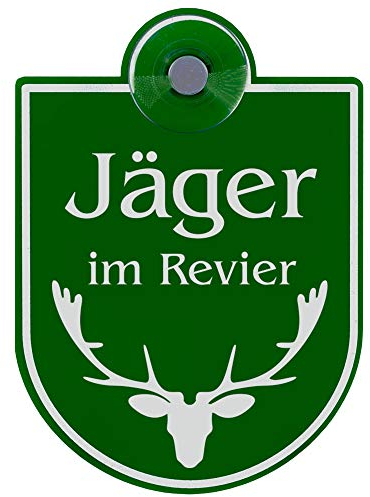 Schilderio Premium Saugnapfschild Schild Jäger im Revier, 3 mm Acrylglas, ca.90x125 mm, Jagd Schild Auto mit 1x Saugnapf 30mm, Autoschild Jagd zur Befestigung an Autoscheiben von innen