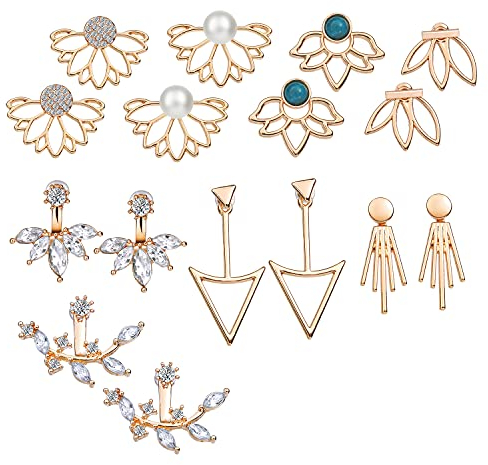 8 Paar Gold Vintage Ohrring Set für Damen Frauen Mädchen,Hohle Lotusblüte Blumen Piercing Ohr Ohrstecker,Kristall Schlichte Vordere Rückseite Ohrringe Orientalisch Modeschmuck für Geburtstag Geschenk